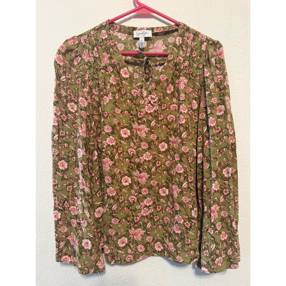 Jessica Simpson Olive Green Pink Floral Tie Neck Bell Sleeve Blouse Medium